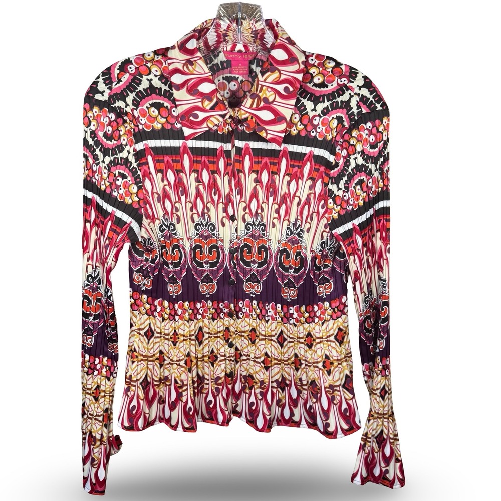 Sunny Leigh Womens Medium Micro Pleated Long Sleeve Button Up Top Y2K Workwear